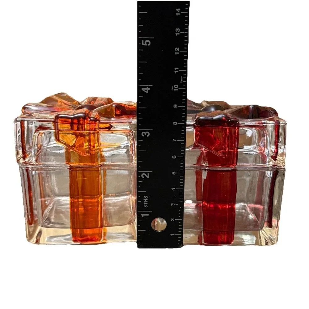 Vintage Glass Present Trinket Boxes Red & Orange Ribbon Gift Box Lot of 2